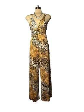S-Twelve Gold and Black Animal Print Surplice Jumpsuit